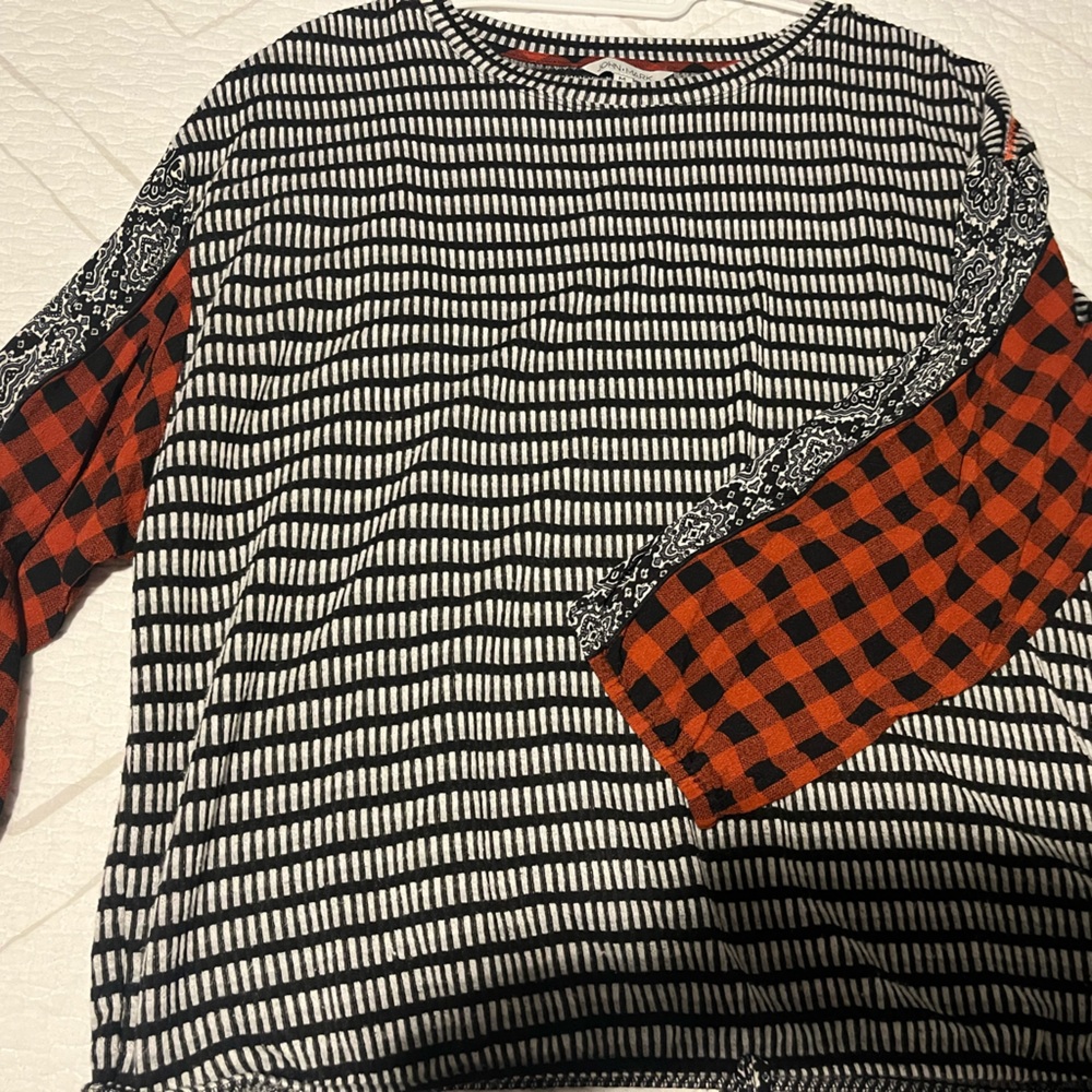 John Mark NWOT Black and White Striped Top with Red Checkered Sleeves
